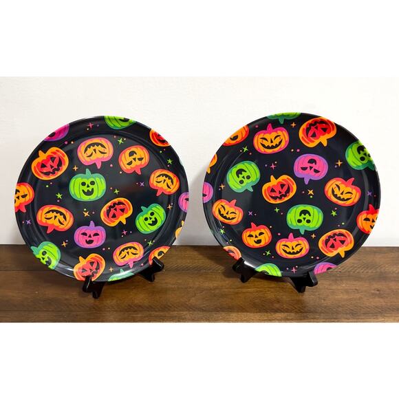 NEW: Hyde & Eek -Melamine, Neon Jack-o-Lantern, Halloween, 10" Dinner Plates - Picture 1 of 5